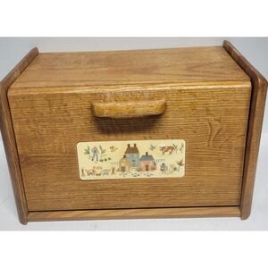 Vintage Good Wood Oak Bread Box Folk Art Farm Scene Tile Inlay Country Kitchen